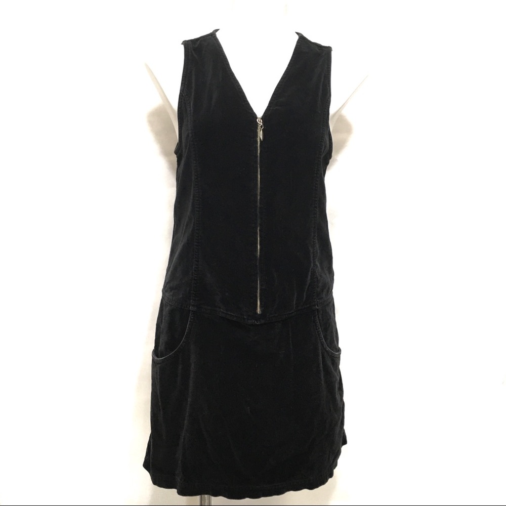 RARE VINTAGE 90s EXPRESS BLACK VELVET ZIPPER FRONT SLEEVELESS LAYER MINI DRESS
